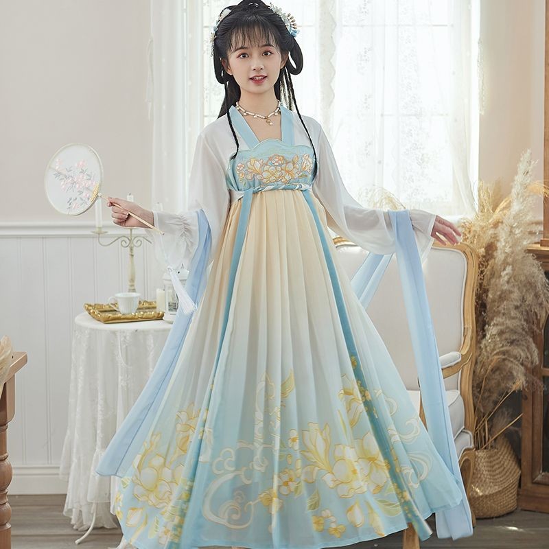 Hanfu Flower Love Chinese Elements Dress กระโปรงปักชีฟองความยาวปานกลางของผู้หญิง