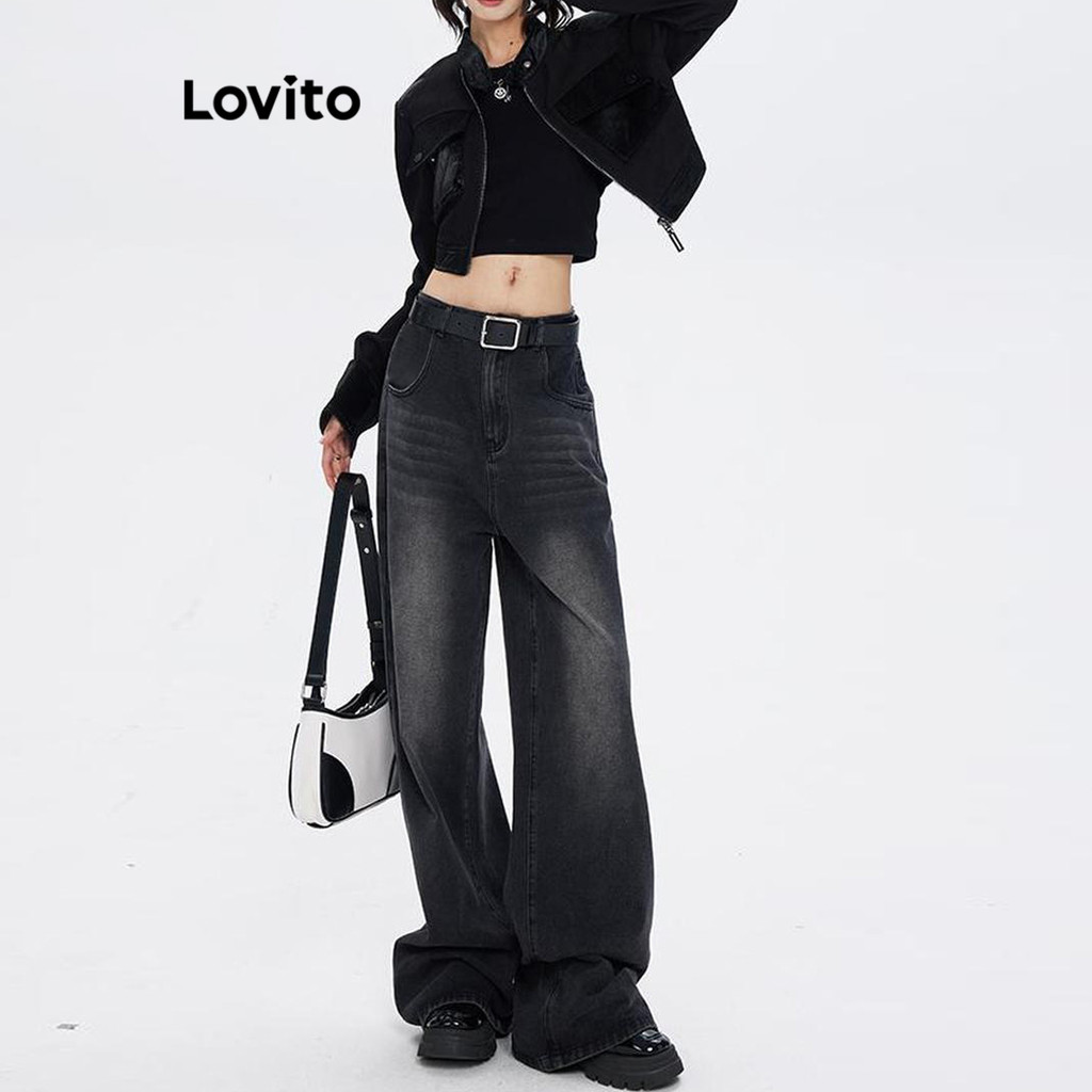 Lovito กางเกงยีนส์ผู้หญิง กระดุมหน้า มีซิป มีกระเป๋า สีพื้น สไตล์ลำลอง LNA49080