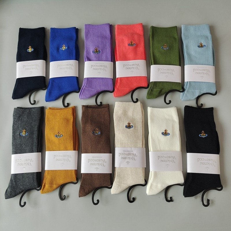 ใหม่ Vivienne Westwood สีทึบ Saturn เย็บปักถักร้อย fine เข็มคู่ผ้าฝ้ายผสมกลางหลอดผู้หญิงถุงเท้าสไตล์กองเรียบง่าย