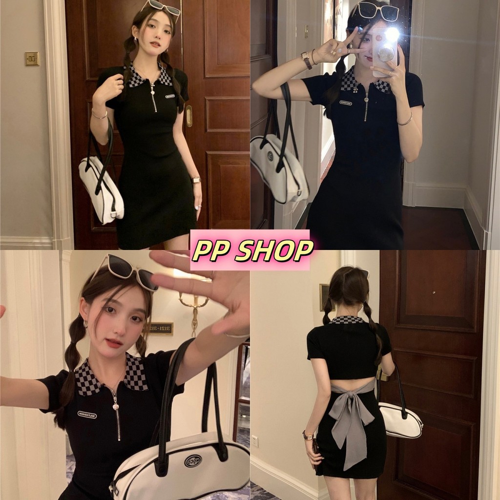 PP Shop​ พร้อมส่ง เดรสสั้น คอปก ขัดแตะ ซิปหน้า แขนสั้น เดรสออกงาน ออกงาน สะโพก สีพื้น เสื้อผ้าแฟชั่นผู้หญิง ทรงสวย#4927