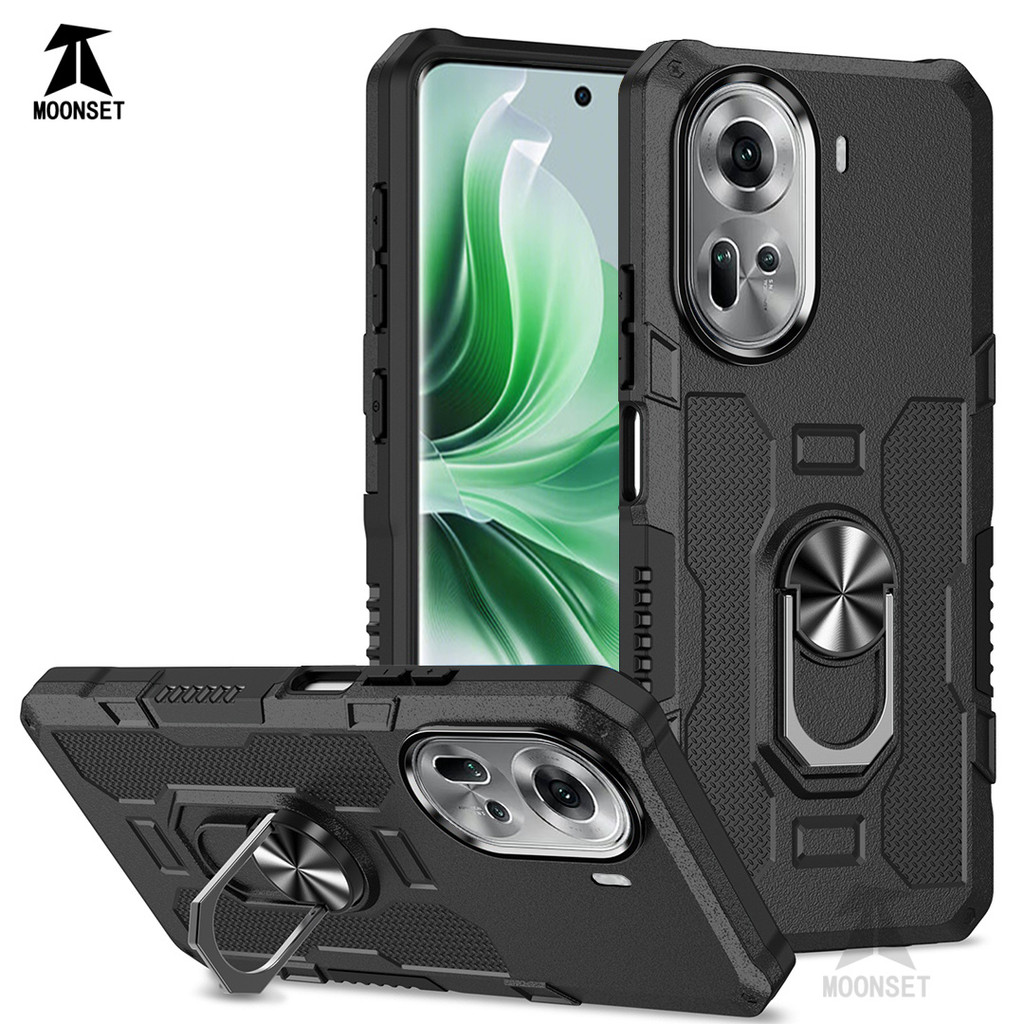 สําหรับ OPPO Reno 11 5G กรณี Hard PC กลับ Soft TPU Edge กล้องป้องกันแหวนผู้ถือ Kickstand กันกระแทก Slim บางฝาครอบ