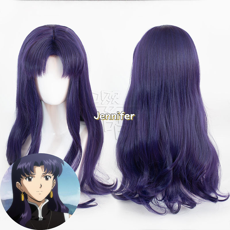Anime EVA Misato Katsuragi Cosplay Wig 56cm Long Black Purple Wavy Hair Wig Simulated Scalp Heat Res