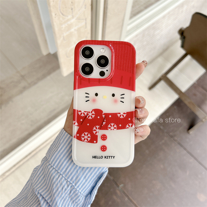Kitty Snowman แฟชั่นเคสโทรศัพท์น่ารักสำหรับ iPhone 15 14 13 16 PRO MAX 14pro 13pro 16pro 15pro 16PROMAX ฝาครอบป้องกัน Hard Glitter Simple CLEAR