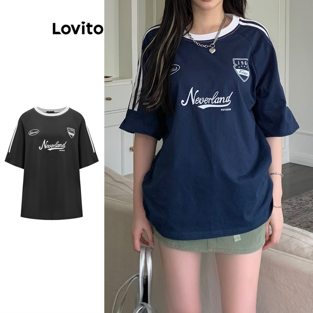 Lovito เสื้อยืดผู้หญิง สไตล์ลำลอง ลายตัวอักษร คอนทราสท์ไบดิ้ง LNE29081 (หลากสี)