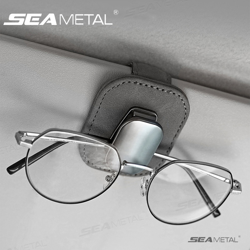 Seametal ที่แขวนแว่นกันแดดในรถยนต์แบบคลิปหนีบ ขาตั้งบังแดดแบบหนังกลับ ที่แขวนแว่นสายตาแบบพกพา อุปกรณ์จัดเก็บภายในรถยนต์