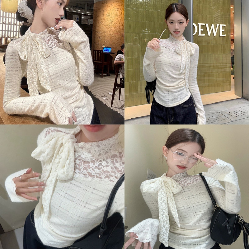 💋Pink girl💋พร้อมส่ง เสื้อไหมพรมแขนยาว สไตล์เกาหลี ดีเทลคอเต่าแต่งผูกโบว์ "8K160"