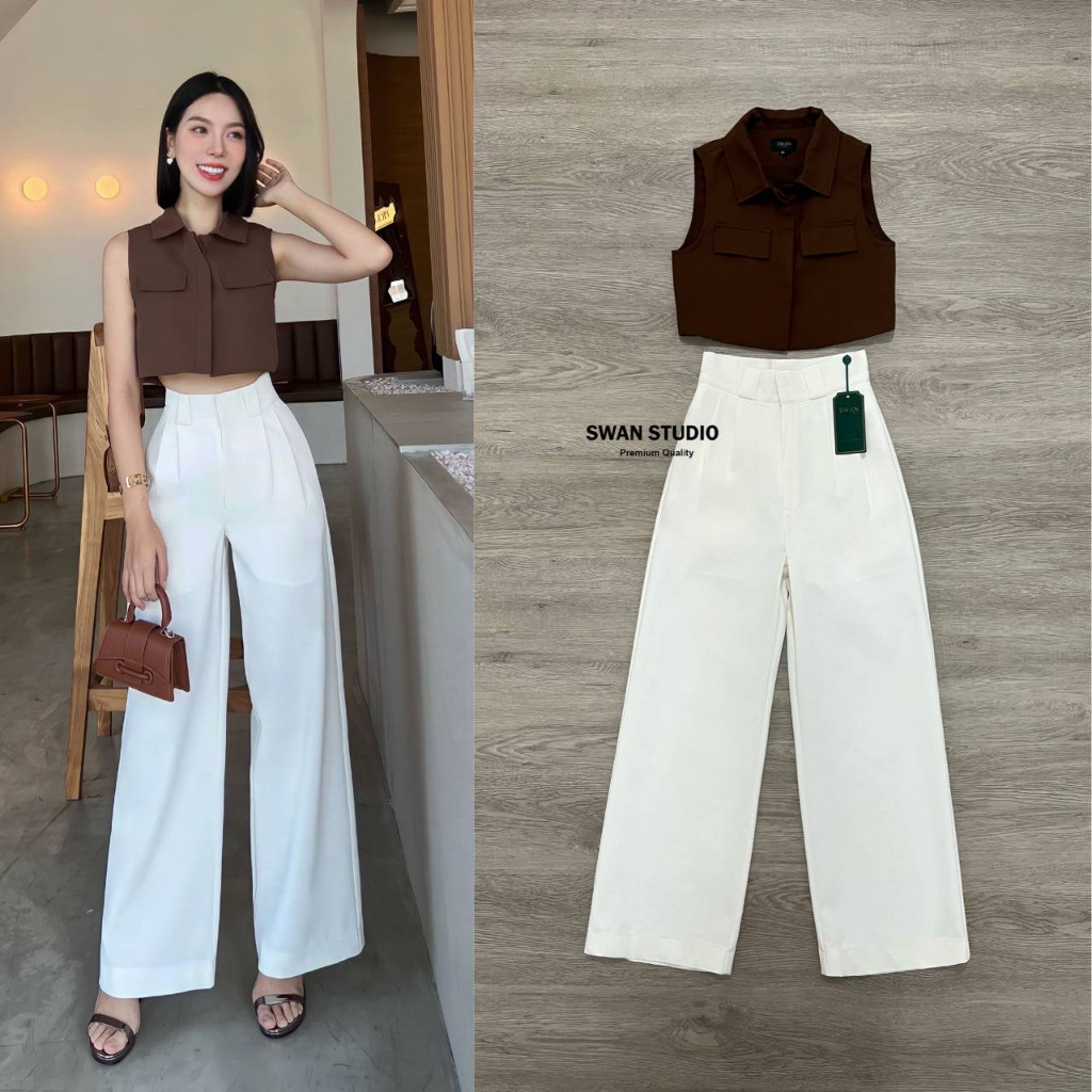 (xs-l) swan44 <พร้อมส่ง L> เซทเสื้อครอปแขนกุดสีน้ำตาล Cafe