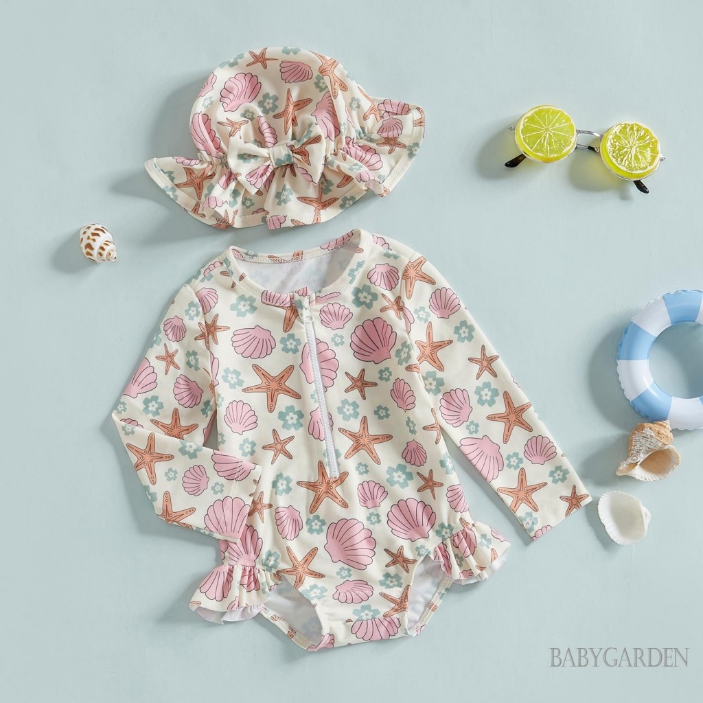 //-6เดือน-4ปี เด็กทารกผื่นยามชุดว่ายน้ํากับหมวกเปลือกปลาดาวลายซิปขึ้นแขนยาวลูกเรือคอชุดว่ายน้ํา