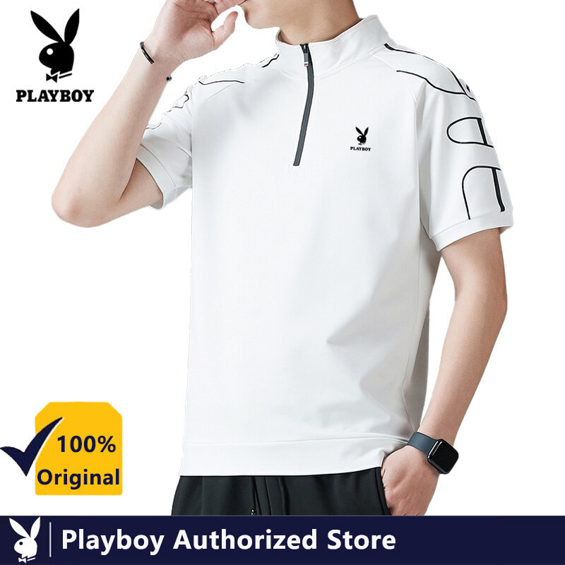 Playboy Summer Mens Stand-up Sports T-shirt Solid Cotton Casual Short Sleeves