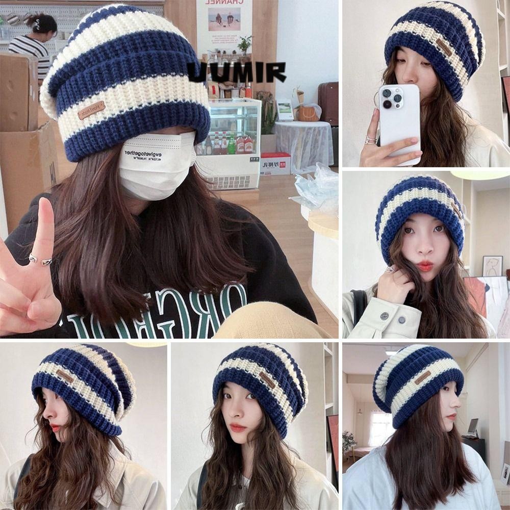 Uumir หมวกฤดูหนาว, หมวกบีนนี่ป้องกันหูแบบหนา, แฟชั่นกลางแจ้ง Keep Warm Stripe หมวกถักสําหรับผู้ชายผู้หญิง
