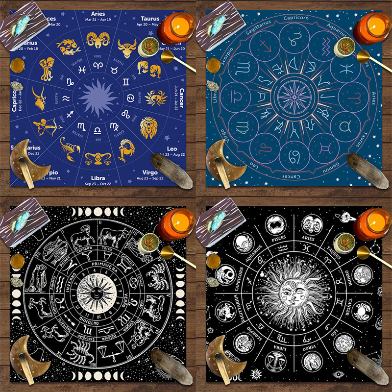 Zodiac Tarot ผ้าปูโต๊ะ 12 กลุ่มดาวแท่นบูชาผ้า Tarot Mat Witchcraft Divination Astrology เกมกระดานตกแ