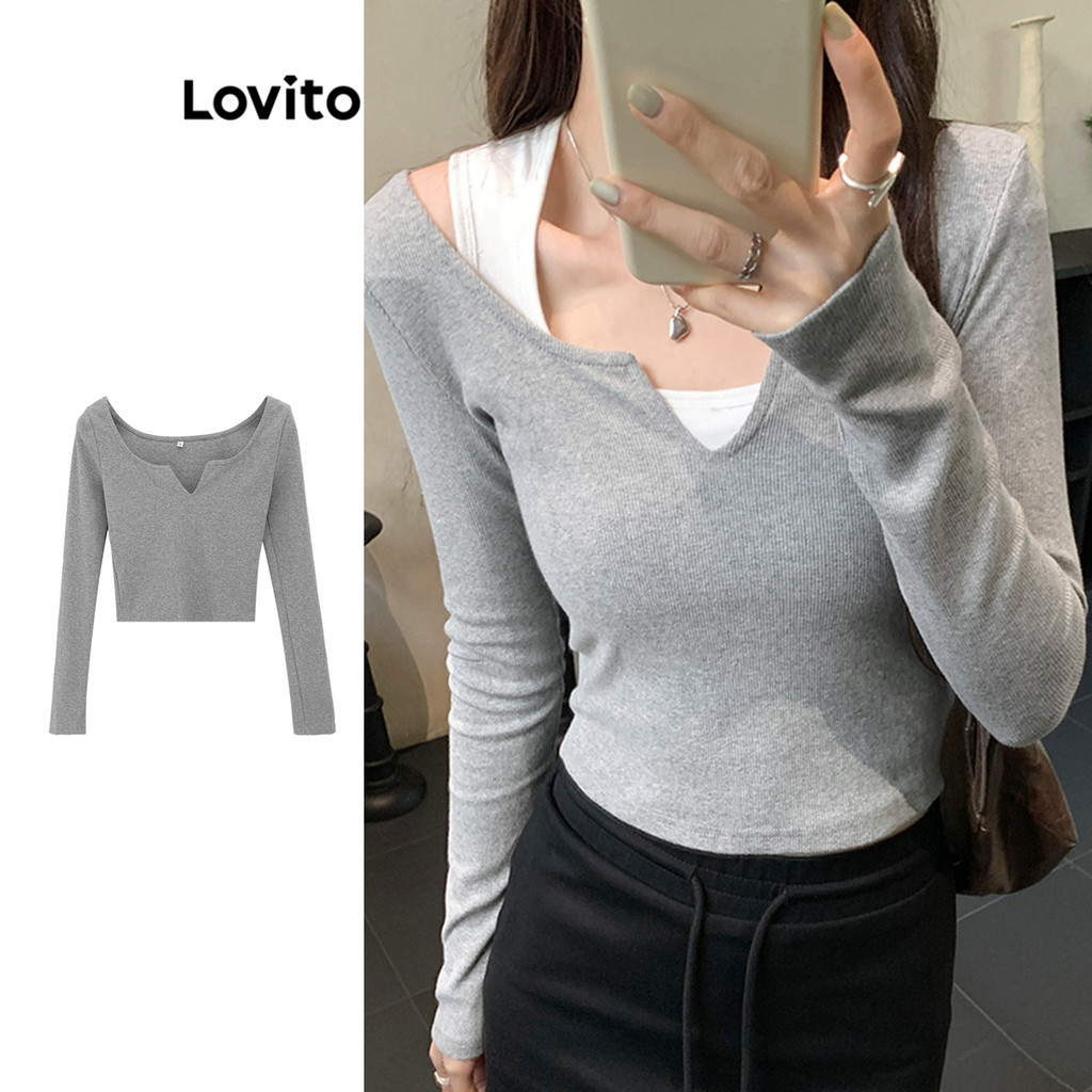 Lovito เสื้อยืดลำลองธรรมดาสำหรับผู้หญิง LNA77691