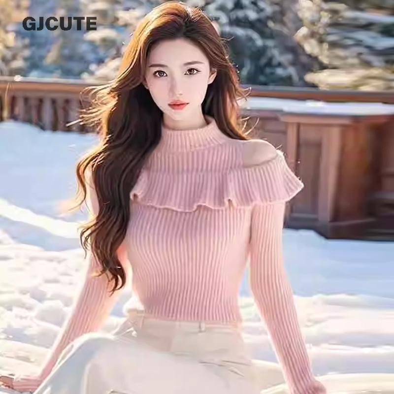 Gjcute เกาหลีครึ่งคอเต่า Ruffle Off-ไหล่แขนยาว Slim ถักเสื้อกันหนาวสําหรับผู้หญิง WTD - รูปที่ 4
