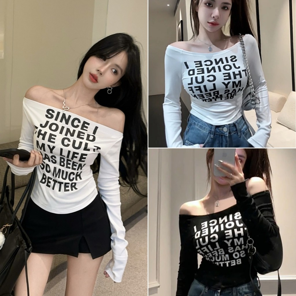 Betty house พร้อมส่ง เสื้อยืดไหล่เดียวสไตล์สาวฮอต แขนยาวผู้หญิงทรงสลิมฟิตพิมพ์ลาย