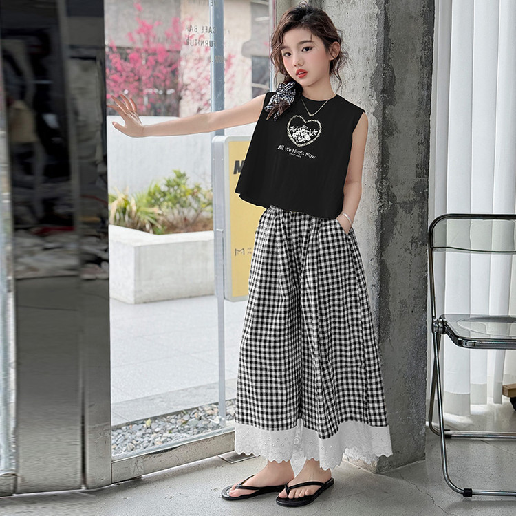 เลมอน-ต้นไม้ ฤดูร้อนแฟชั่นเสื้อกั๊กแขนกุดด้านบนชุดหลวมเกาหลีลูกไม้ลายสก๊อตกางเกงขากว้างลําลองสาวชุดสองชิ้น