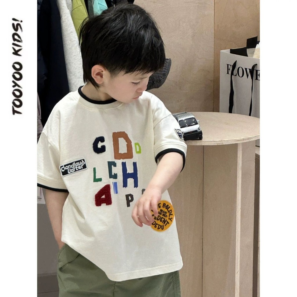 เสื้อยืดเด็กชายเกลียวฤดูร้อนผ้าฝ้ายแท้สไตล์ใหม่เด็กเสื้อแขนสั้นด้านบน