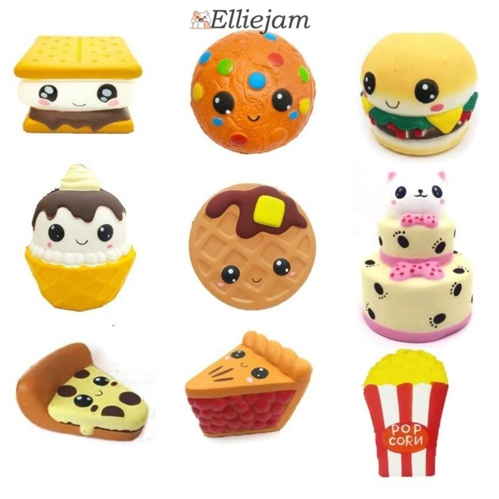 ELLIEJAM Squishy Fidget Toy, Jumbo Expression PU Squeeze Toys, เค้กช็อคโกแลตแฮมเบอร์เกอร์พิซซ่าวาฟเฟิล Popcorn ความเครียดบรรเทาของเล่นเด็กของขวัญ