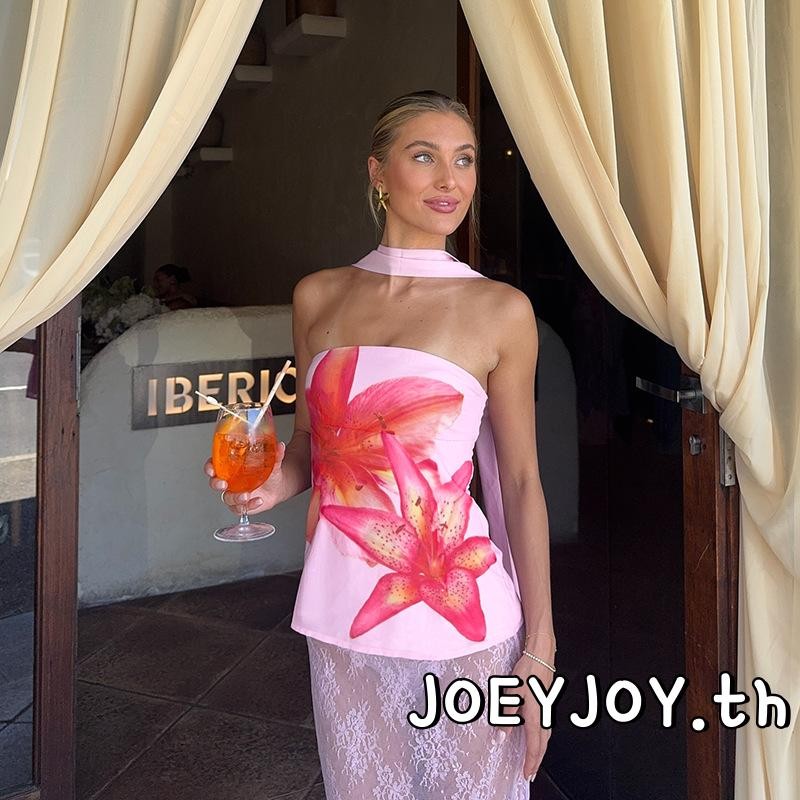 JOEYJOY-เสื้อชั้นในสตรีฤดูร้อนที่ไม่มีสายหนังแขนกุดพิมพ์ลายดอกไม้สลิมฟิต Bandeau พร้อมผ้าพันคอ