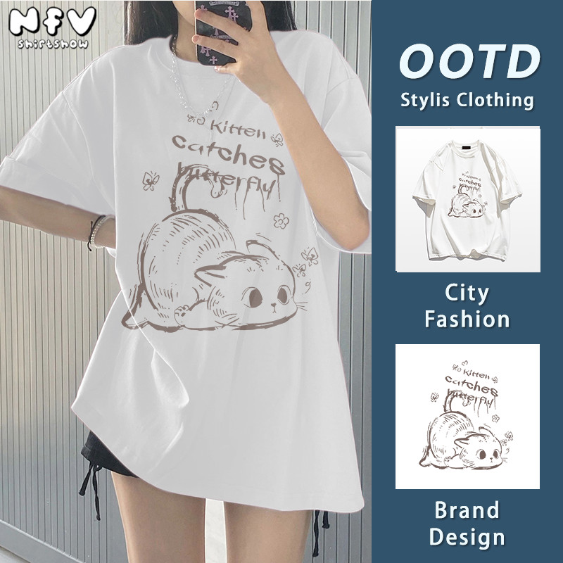 NFV เสื้อยืดคอกลมแขนสั้น🎀แฟชั่นสไตล์เกาหลี oversize ผ้านิ่ม ใส่สบาย สาวอวบ ลายสกรีนน้องแมวสุดน่ารัก 100% Cotton t-shirt YG611