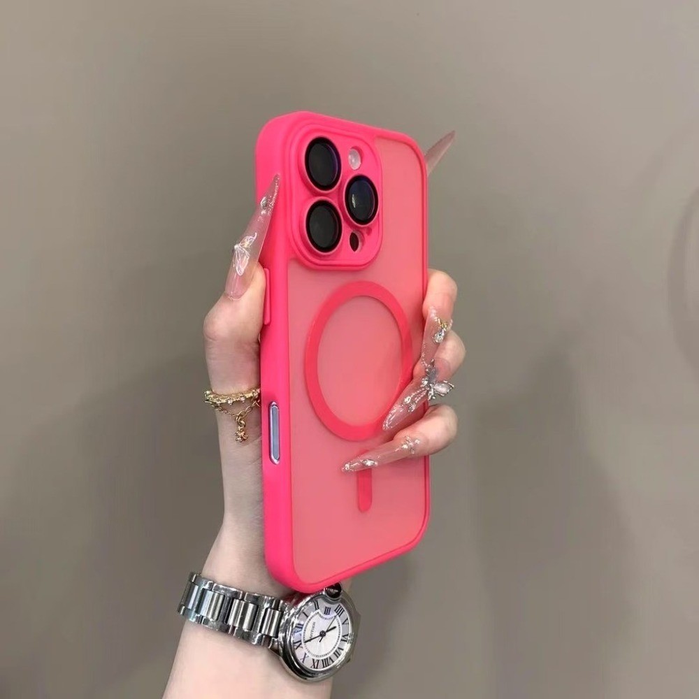 เคสโทรศัพท์เคลือบสีแดงกุหลาบเหมาะสําหรับ iPhone 15 11 12 13 14 16 Pro Max Plus 12mini 13mini เคสแม่เหล็กโปร่งใสกึ่งฝาครอบกันกระแทก