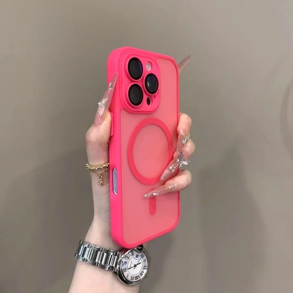 เคสโทรศัพท์เคลือบสีแดงกุหลาบเหมาะสําหรับ iPhone 15 11 12 13 14 16 Pro Max Plus 12mini 13mini เคสแม่เหล็กโปร่งใสกึ่งฝาครอบกันกระแทก