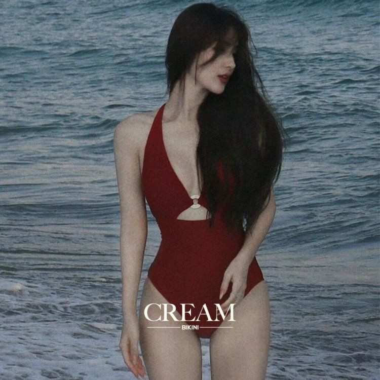[SUMMER LUV] เชือกแขวนคอคอวีลึกสามเหลี่ยมหน้าอกเล็ก Slimmer ดูปกหน้าท้องว่ายน้ําชิ้นเดียว