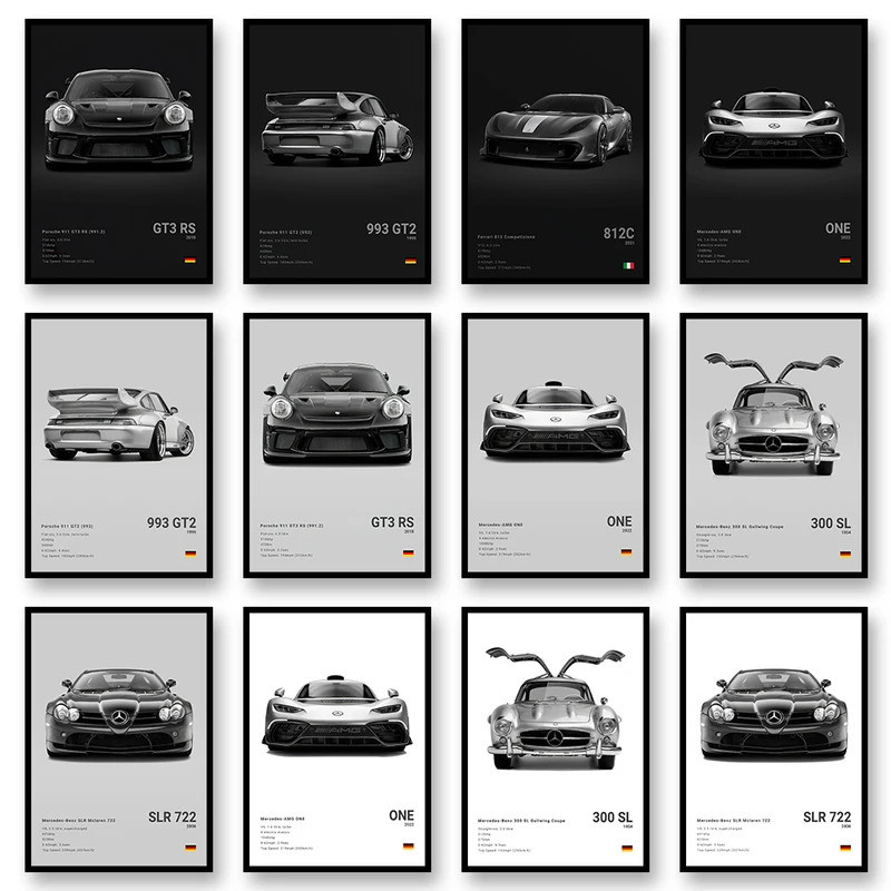รถที่มีชื่อเสียง GT3 RS 812C ONE ผ้าใบ Wall Art พิมพ์โปสเตอร์ 300 SL SLR 722 CARRERA GT ตกแต่งภาพจิต