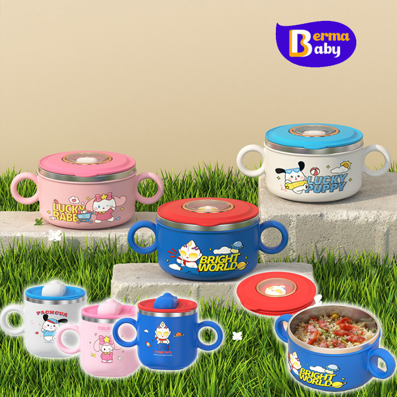 Berma Baby ชามใส่อาหารเด็ก ชามสแตนเลสเกรด 304 ความจุขนาดใหญ่ แบบมีฝาปิด พร้อมที่จับ