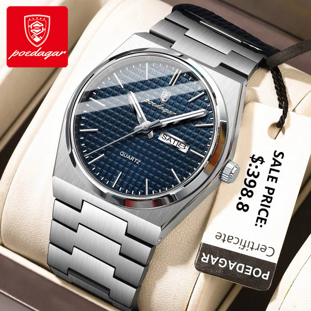 POEDAGAR นาฬิกาผู้ชาย กันน้ำ 100% แท้ ธุรกิจ กีฬา รับประกัน พร้อมกล่อง ดูเวลา ดูวันที่ เรืองแสง สายสเตนเลส สีเขียว สีฟ้า สีขาว 821