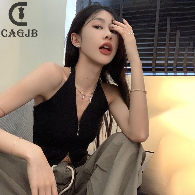 [SSNE] แฟชั่นสาวร้อน Slim Halter คอเปลือยซิปถักเสื้อกั๊กฤดูร้อน UOM