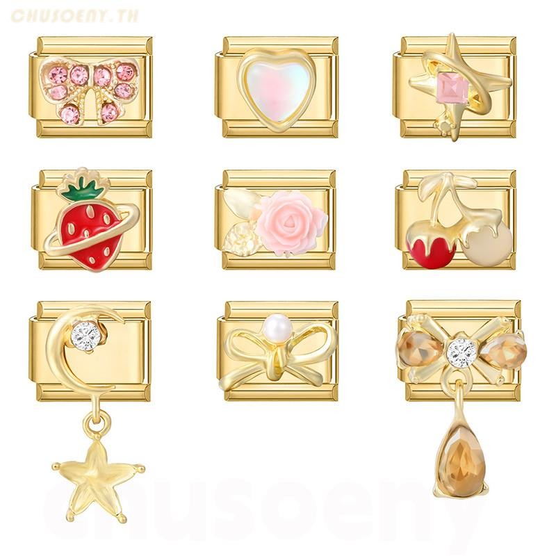 สตรอเบอร์รี่สีทองเชอร์รี่โบว์เพชรอิตาเลี่ยน Charm สร้อยข้อมือ Fit 9 มม.สร้อยข้อมือสแตนเลส DIY เครื่องประดับทําอุปกรณ์เสริม Retro บุคลิกภาพโมดูลสร้อยข้อมือเครื