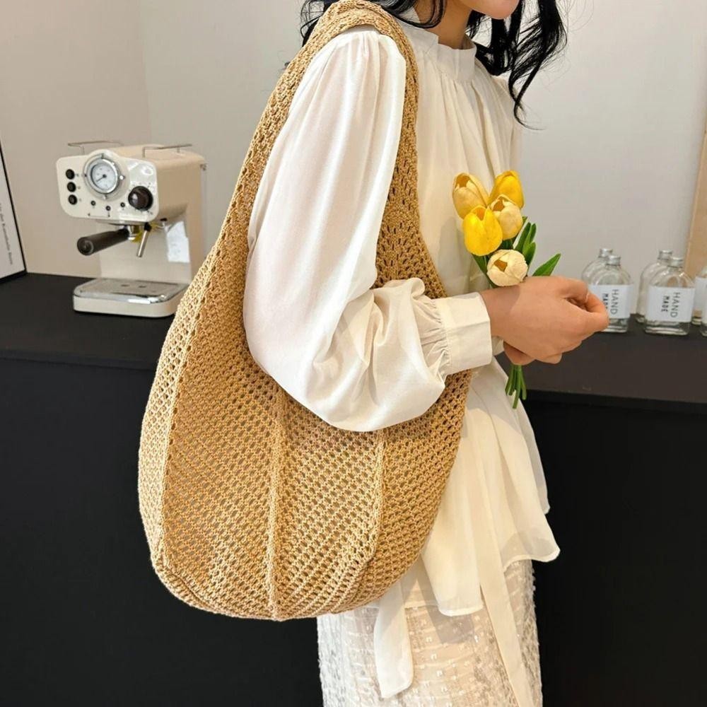 Isitaft โครเชต์ตาข่าย Tote, Hollow Out Soft ผู้หญิงถักไหล่กระเป๋า, Bohemian อเนกประสงค์สีทึบขนาดใหญ่ความจุกระเป๋าช้อปปิ้งเรียบง่ายชายหาด