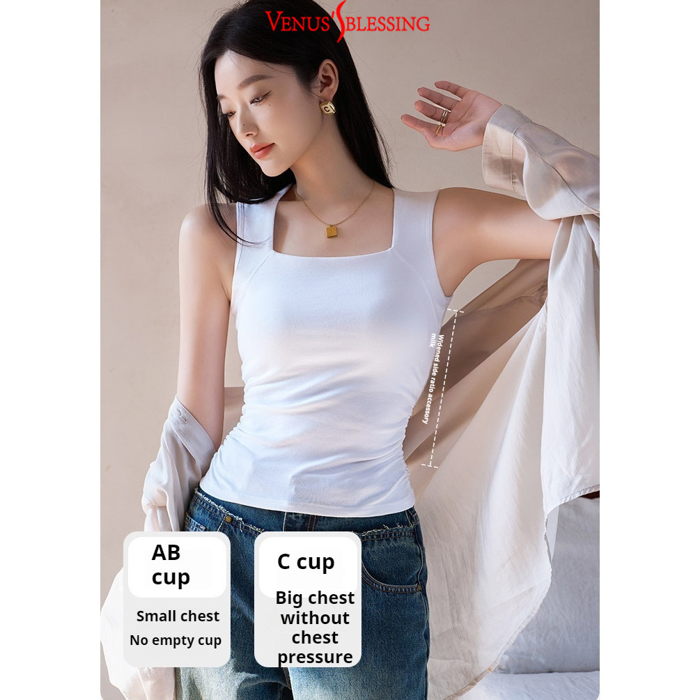 ( Ready Stock ) 2-in-1 95% ผ้าฝ้ายแท้สายสะพายไหล่กว้างเสื้อกล้ามสีขาวผู้หญิงมีแผ่นรองหน้าอกเสื้อแขนกุดริ้วรอย - รูปที่ 6