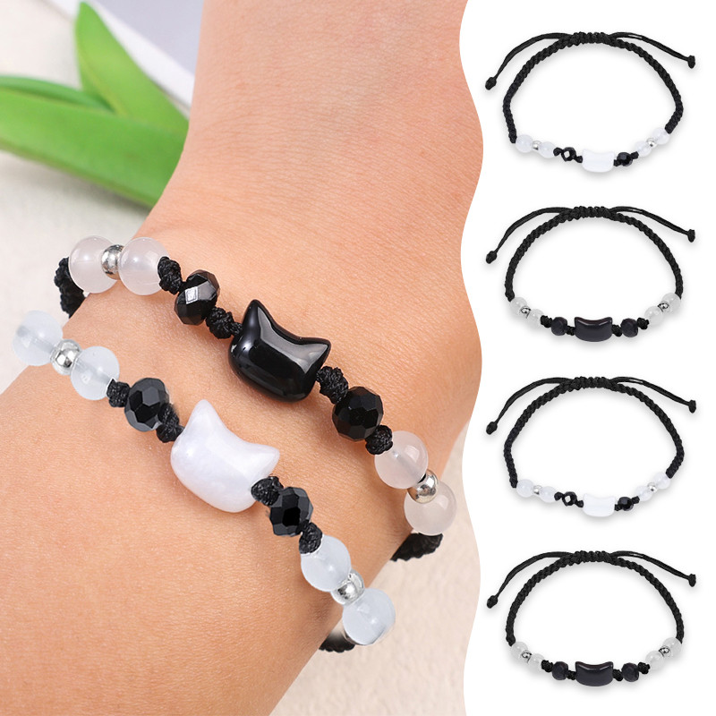 สร้อยข้อมือถัก Sweet Star Moon - โซ่มือคู่รักแมวเรืองแสง - ชุดจับคู่เชือกแบบปรับได้