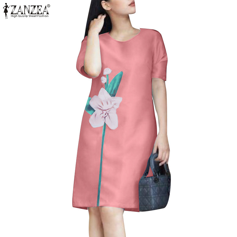 ZANZEA ซานเซีย ชุดเดรสคอกลมแขนสั้นพิมพ์ลายดอกไม้ลําลองสไตล์เกาหลีสําหรับผู้หญิง