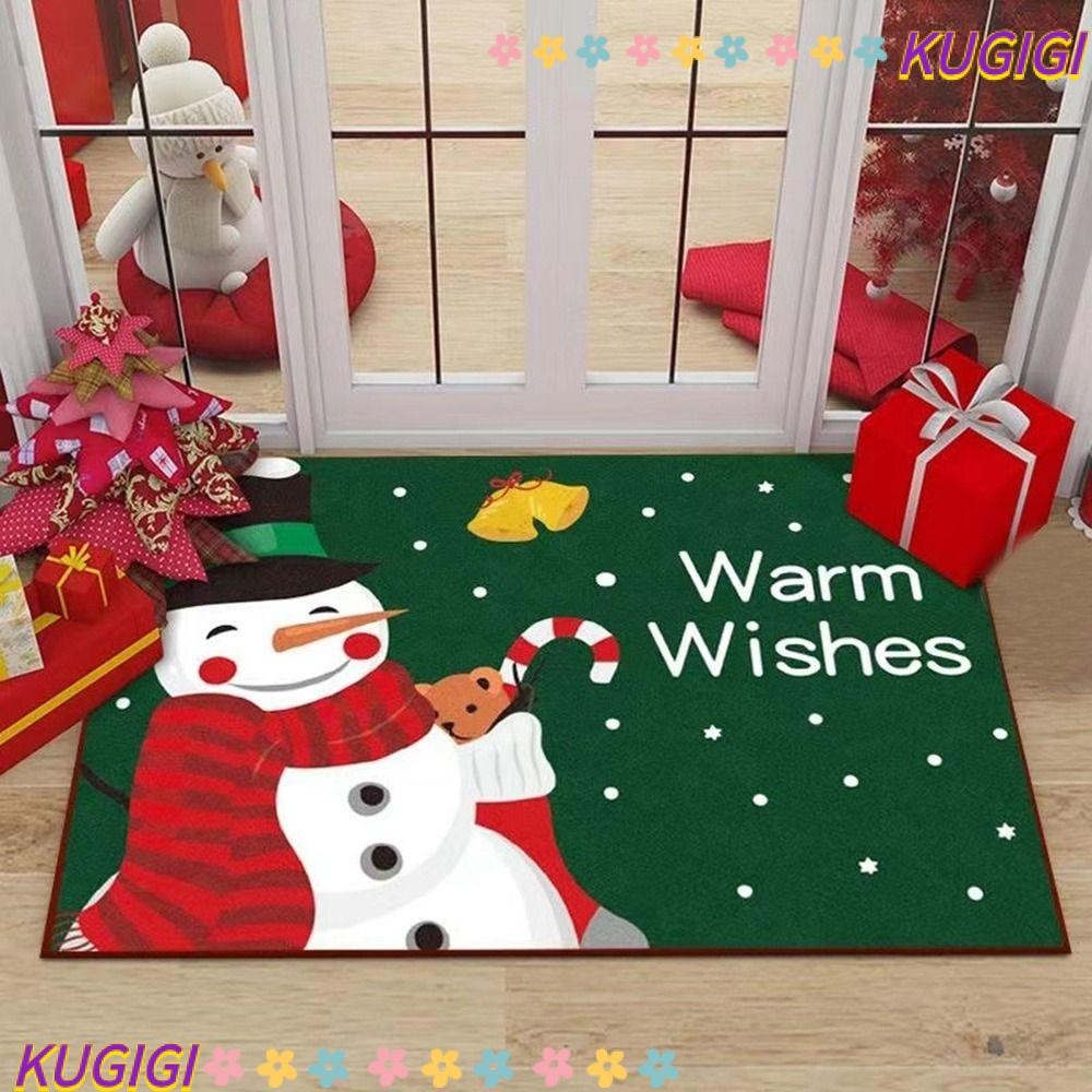 Kugigi เสื่อคริสต์มาส, พรมเช็ดเท้าคริสต์มาสกันลื่นพิมพ์ลาย, แฟชั่นคริสตัลกํามะหยี่ซานตาคลอสพรมกลางแจ้งห้องนั่งเล่น