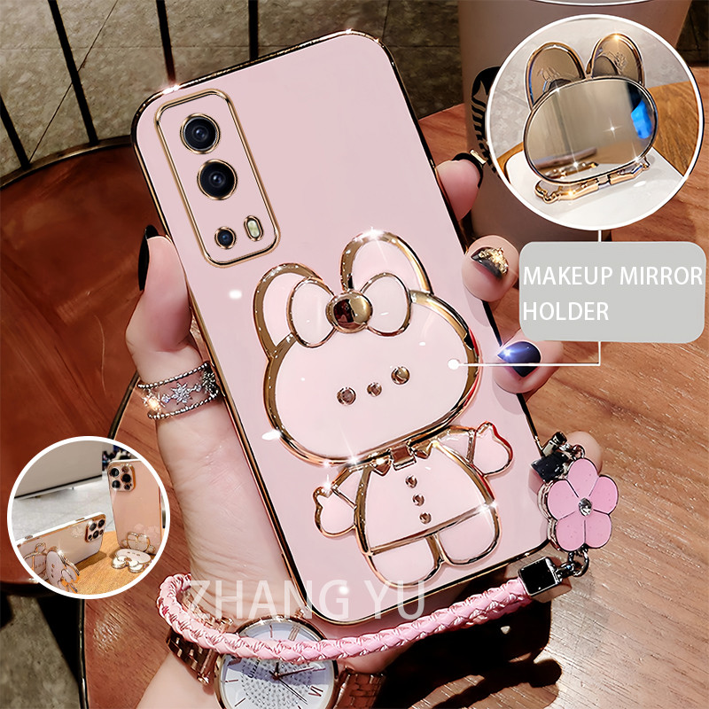 สําหรับ Vivo y72 5G เคสโทรศัพท์ TPU 3D กระต่ายสเตอริโอขาตั้งกันกระแทกใหม่ Soft Case Lanyard
