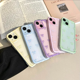 GOOD🔥เคสไอโฟน สีลูกกวาด โบว์ สำหรับ IPhone 11 12 17 13 14 16 15 Pro Max X XS XR Max 8 7 Plus เรียบง่าย โปร่งใส เคส