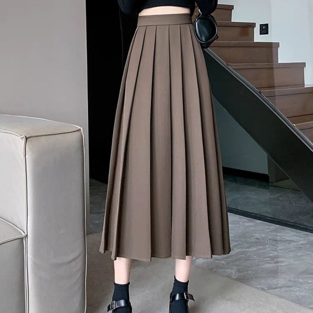 สีกาแฟกระโปรงจีบชุดกระโปรงผู้หญิงฤดูใบไม้ร่วง Simple All-Match เอวสูงกลางความยาว Slimmer ดูผ้าม่าน a-Line กระโปรงเสื้อผ้าผู้หญิง