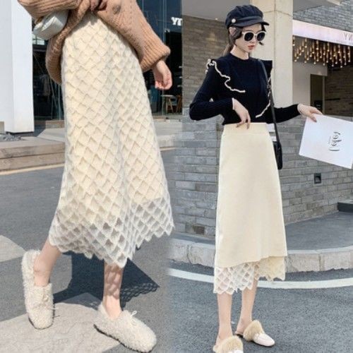 [สวมใส่สองด้าน] Simple All-Match ฤดูใบไม้ร่วงฤดูหนาวสไตล์ใหม่ถักลูกไม้ a-Line กระโปรงกระโปรงครึ่งความยาวความยาวกลาง