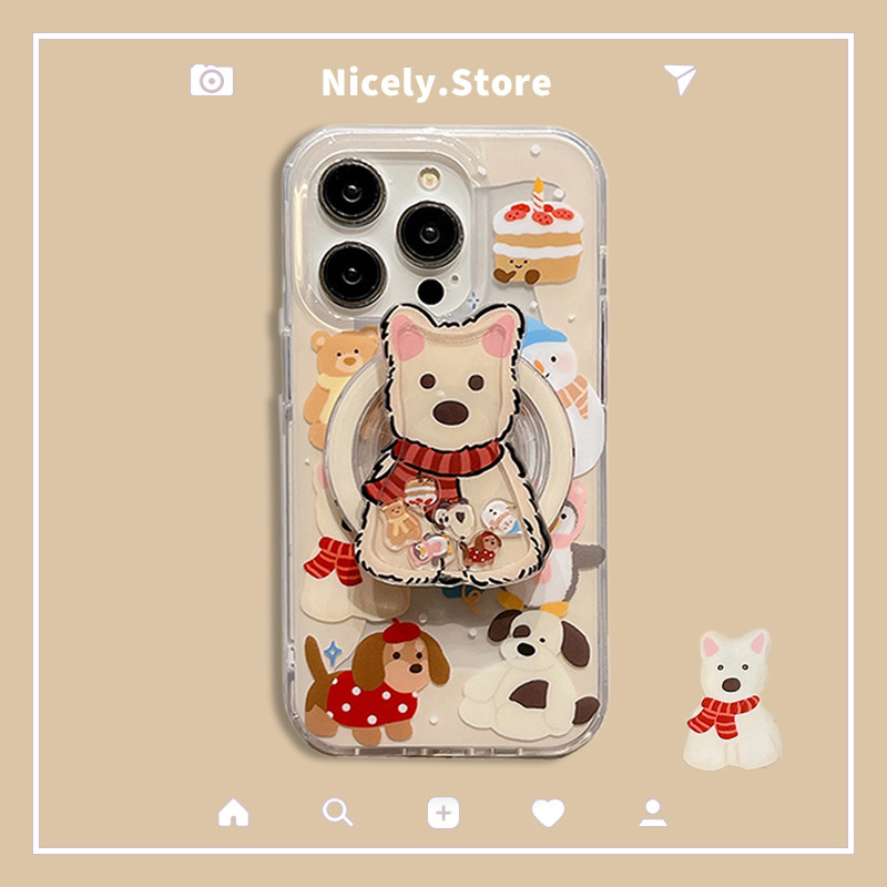 การ์ตูนสัตว์แม่เหล็กเวสต์ไฮแลนส์ สไลด์ได้ลูกสุนัขที่วางยืนเคสโทรศัพท์เข้ากันได้สําหรับ ไอโฟน 16 15 14 13 มือโปร สูงสุด โปร่งใสรวมทุกอย่างมือถือห