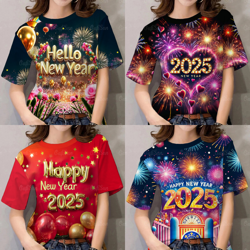 2025 เสื้อยืดปีใหม่ผู้หญิงคอกลมเสื้อวันส่งท้ายปีเก่าสวัสดีปีใหม่เทศกาลงานรื่นเริงเสื้อยืด