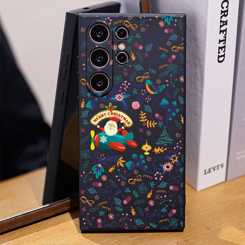 Samsung S25 Ultra S24 + Merry Christmas Santa Claus เครื่องบินดอกไม้ Vine ซิลิโคนนุ่มสําหรับ Galaxy S24 + S23 FE S22 A55 A54 A05 A15 A35 ป้องกันลายนิ้วมือกันกระแทก