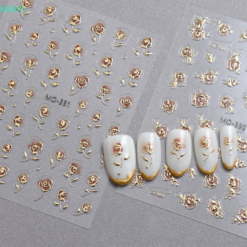 HB Gold Rose ดอกไม้ 3D Self กาวตกแต่งเล็บสติกเกอร์คุณภาพสูงแฟชั่นเล็บ Decals อุปกรณ์เสริม HY