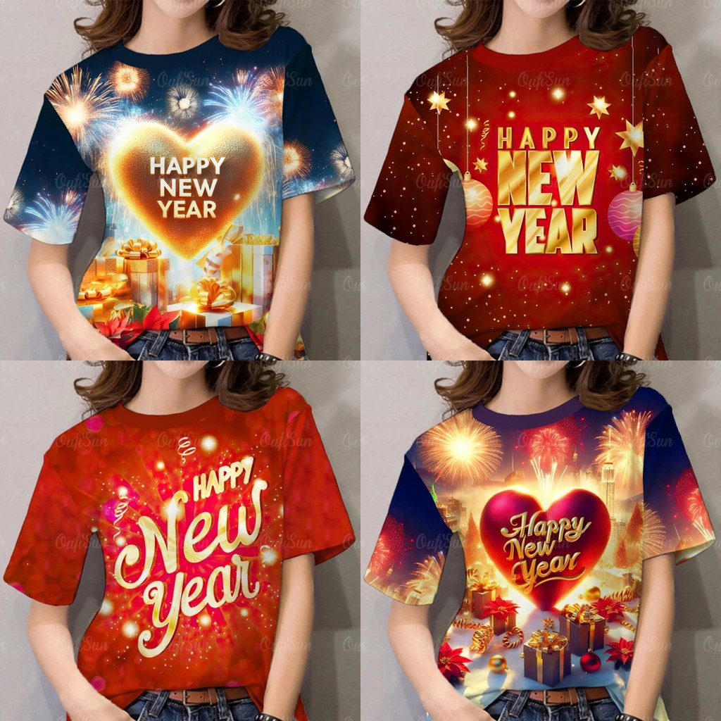 ปีใหม่เสื้อปาร์ตี้แขนสั้นคอกลมหลวมด้านบนสามารถสวมใส่โดยผู้ชายและผู้หญิง 2025 เสื้อยืดปีใหม่สําหรับผู้หญิง