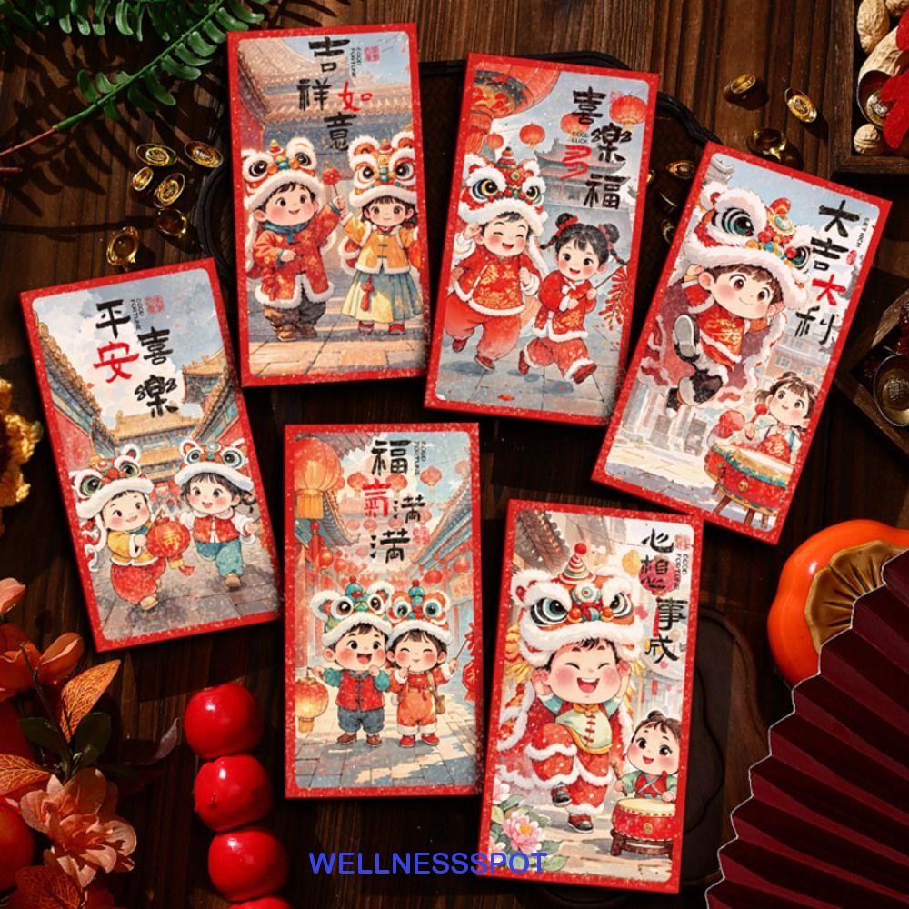 Wellnessspot 6 ชิ้นถุงเงินเด็ก, Blessing ซองจดหมายสีแดงตรุษจีนแบบดั้งเดิม, กระเป๋าเงิน Hongbao หนา Lucky Money Packet Graduation