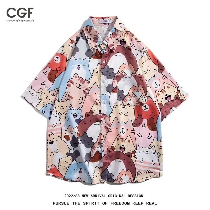 การ์ตูนลูกแมวเสื้อผู้ชายฤดูร้อนแขนสั้นแจ็คเก็ตแนวโน้ม ฮาวายหลวม