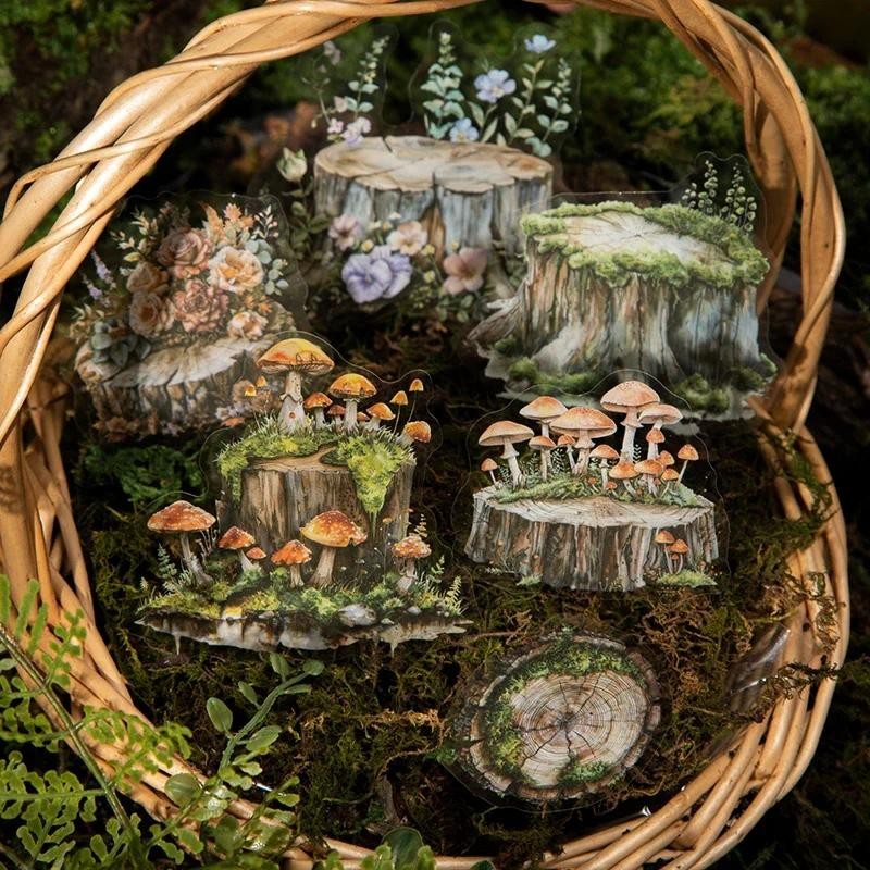 Jianwu มุมของ Stump Series Vintage Tree Stump ดอกไม้ภูมิทัศน์ PET สติกเกอร์ Creative DIY วารสารวัสดุ Collage เครื่องเขียน