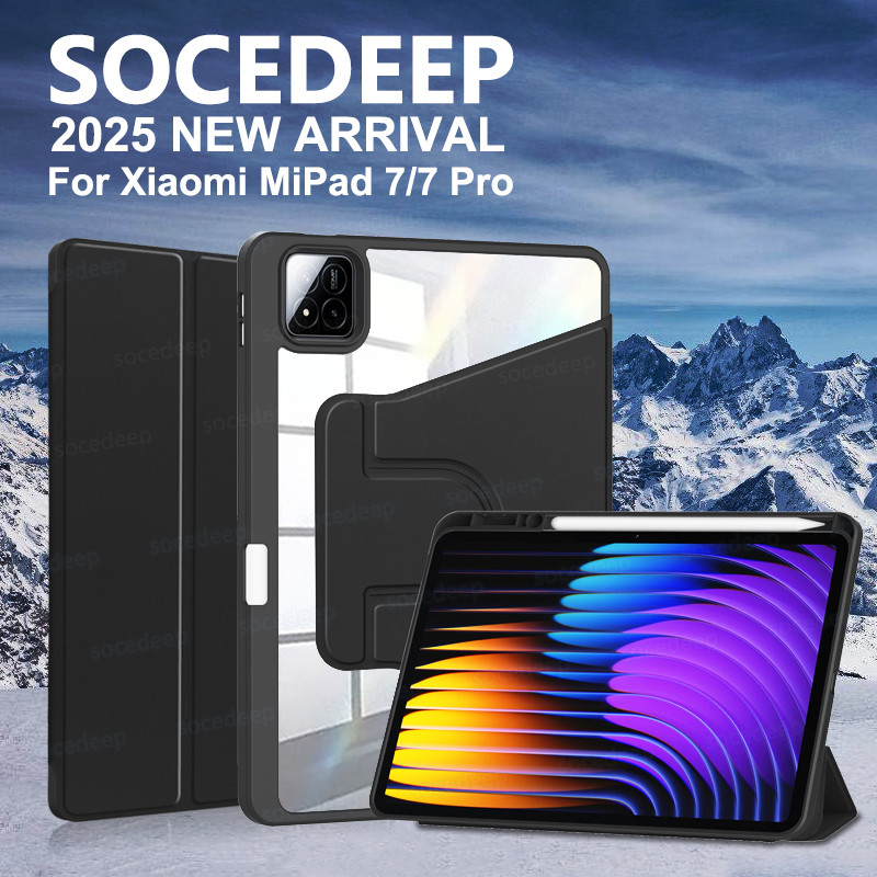 Socedeep สําหรับ Xiaomi MiPad 7 MiPad 7 Pro 11.2 นิ้ว 2024 Tri-Fold Casing 360° ขาตั้งหมุน ฝาครอบด้า