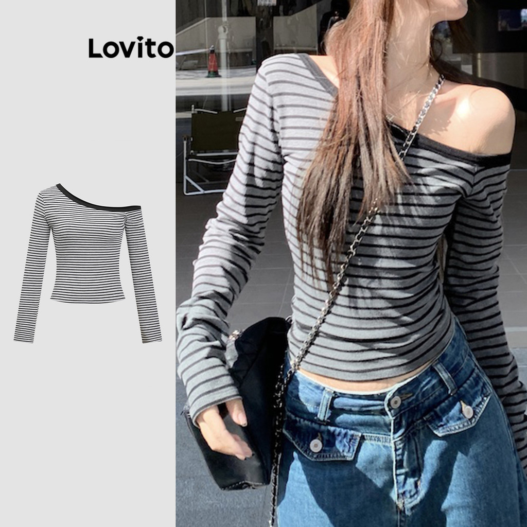 Lovito เสื้อยืดเปิดไหล่ลายทางสีบล็อกลำลองสำหรับผู้หญิง L110AD1497